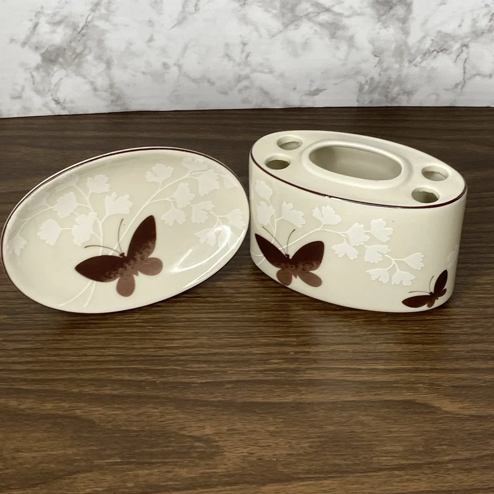 VTG Brown Butterfly Soap Dish & Toothbrush Holder Set •Japan• MCM• Ames Style